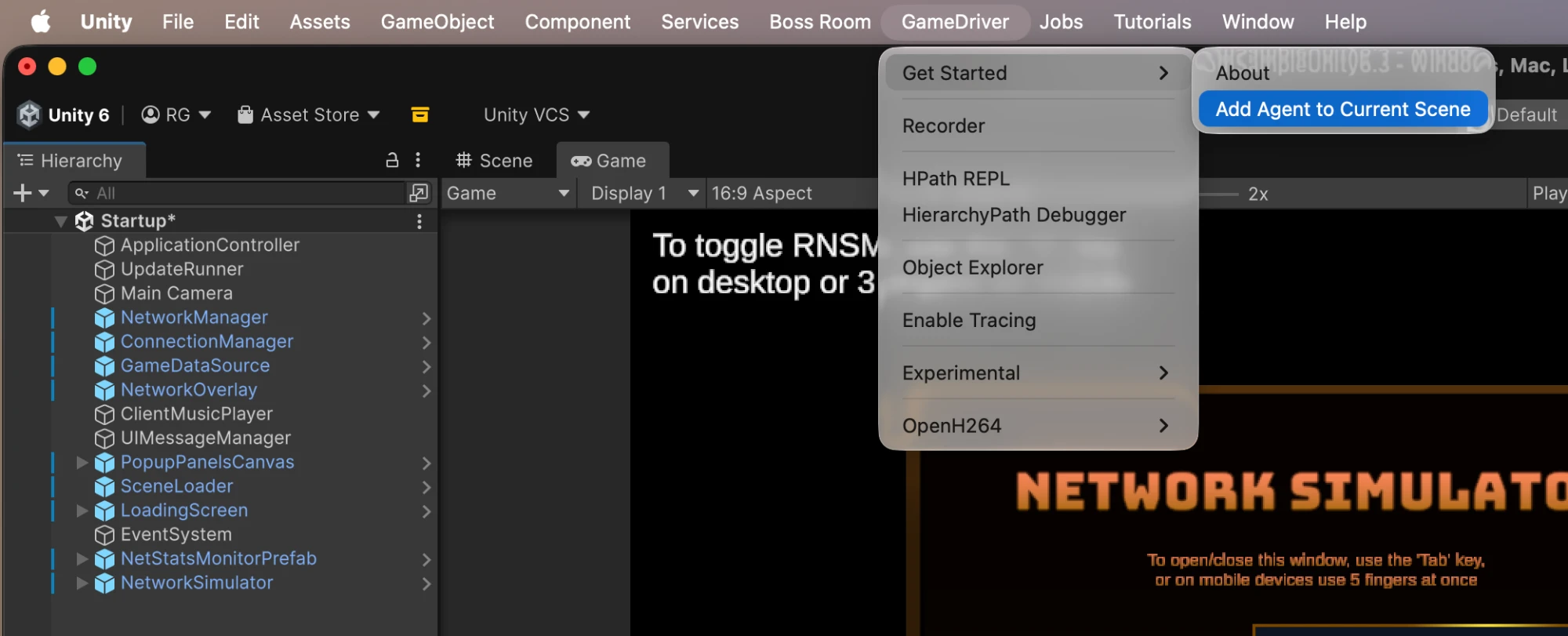 The GameDriver menu in Unity with Add Agent to Current Scene highlighted