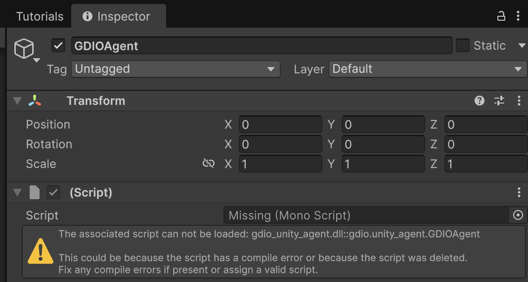 The GDIOAgent object in the Inspector with a Missing (Mono Script) warning